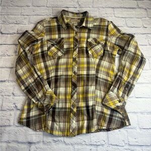 Natural Reflections Brown and Yellow Plaid Long Sleeve Flannel Shirt. Size Med.